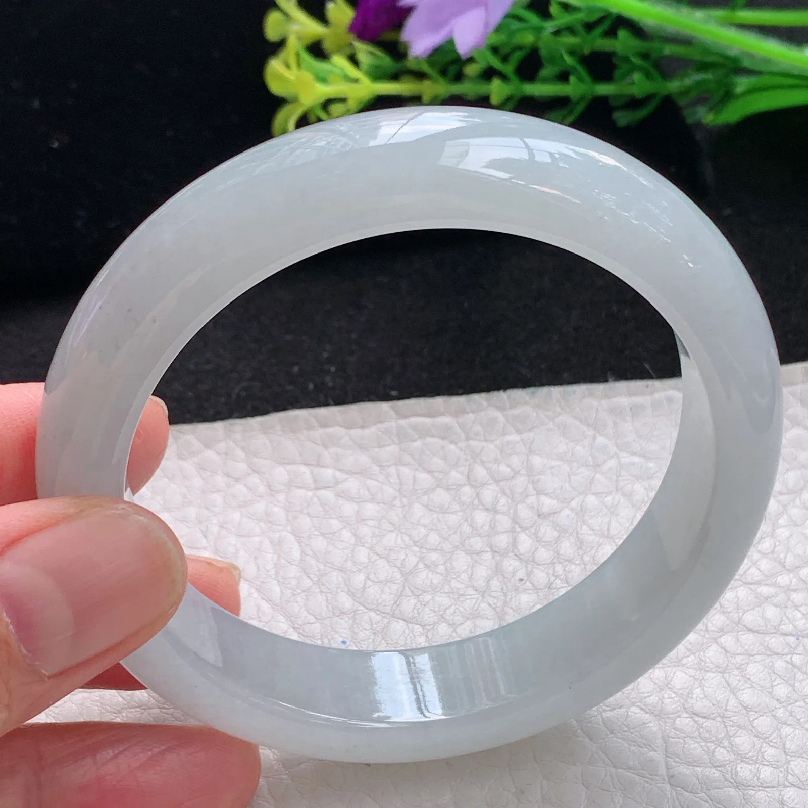 hy自然光57*13.5*8.3平安镯 缅甸翡翠a货白月光起光宽边玉手镯 玉手环