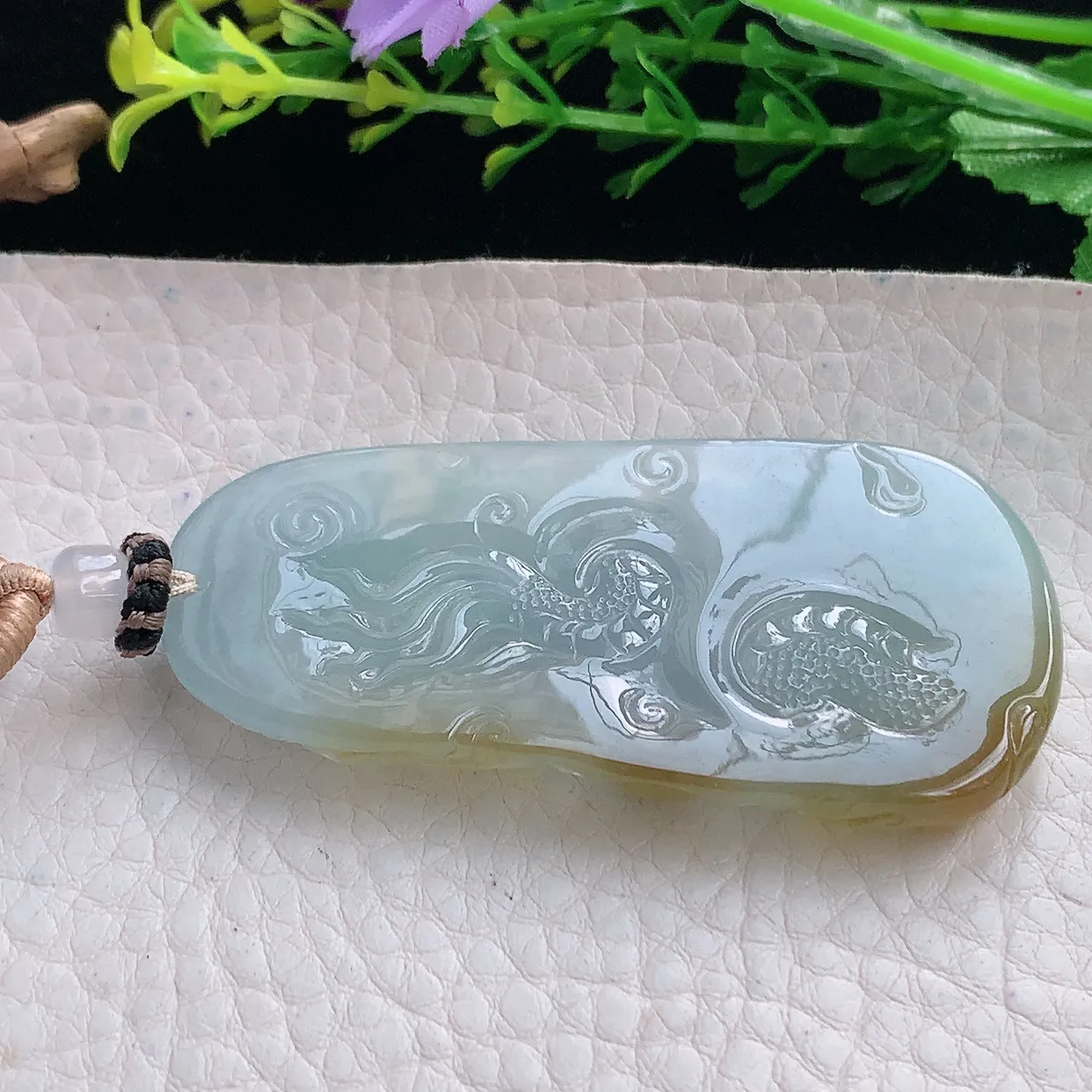 yl实拍61.8*31*7缅甸翡翠圆冰透双彩龙牌吊坠