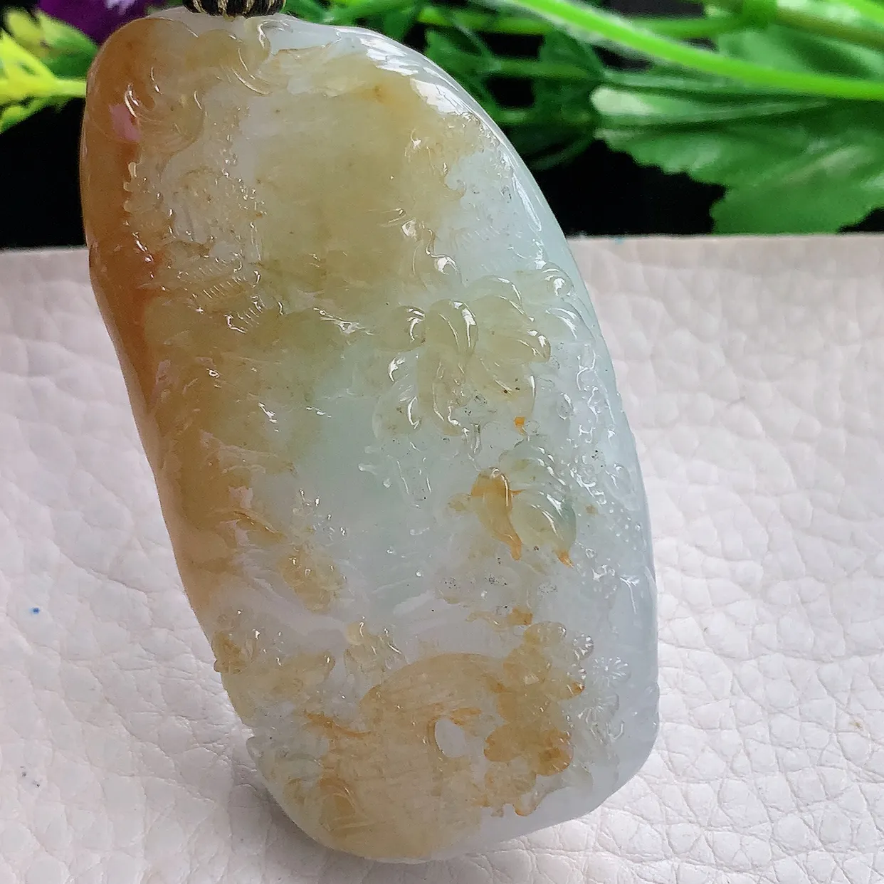 yl实拍67*36.5*14.5缅甸翡翠圆冰透黄翡双彩山水牌玉坠蓬莱仙境项坠