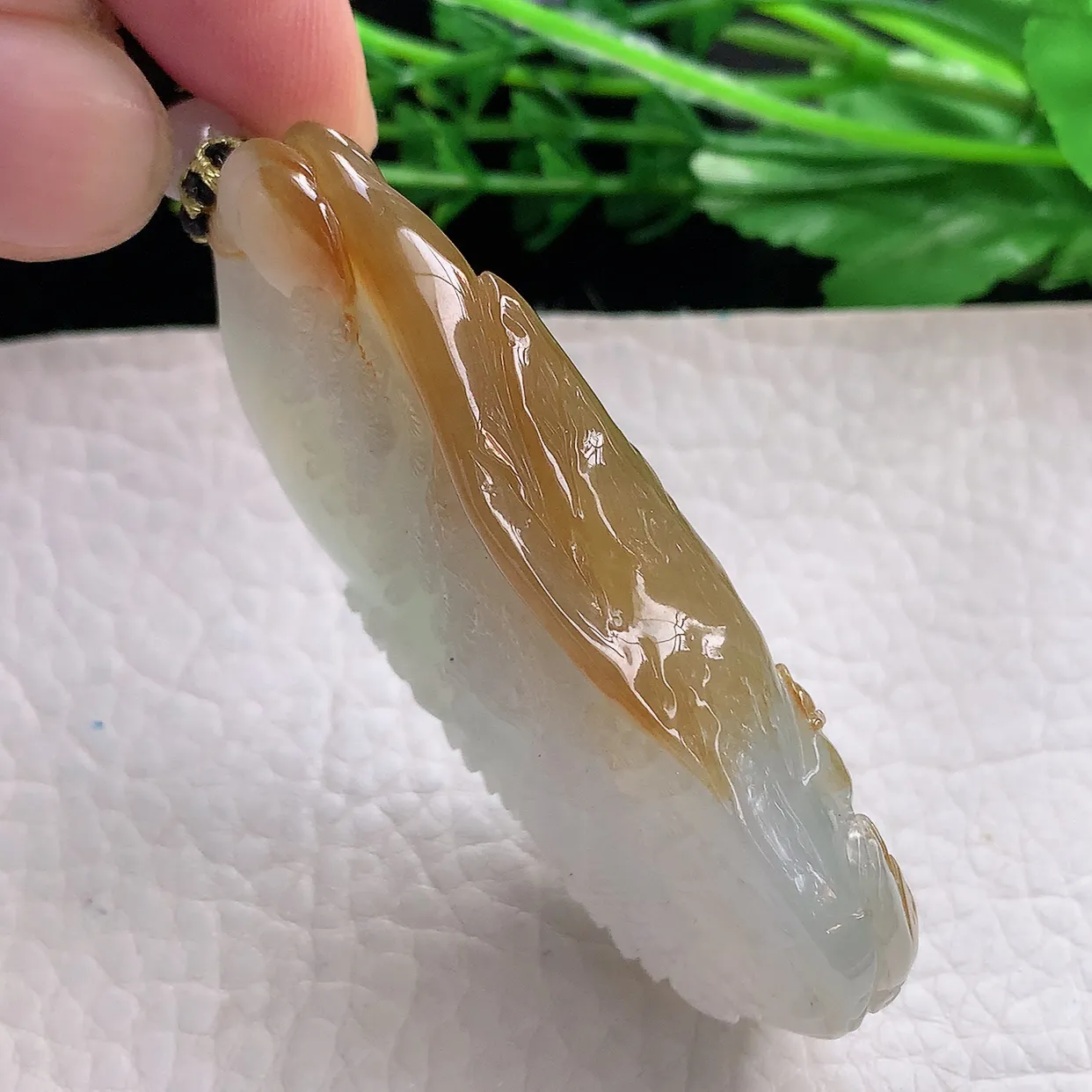 yl实拍67*36.5*14.5缅甸翡翠圆冰透黄翡双彩山水牌玉坠蓬莱仙境项坠