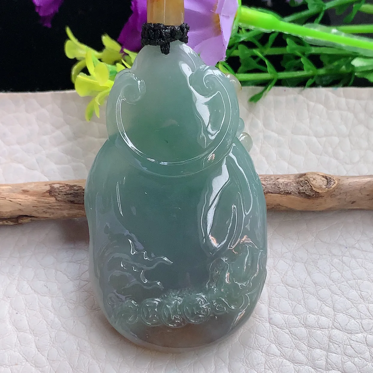 yl实拍57.5*35*14缅甸翡翠圆冰透蓝加黄双彩财神爷吊坠坠厚装招财项坠