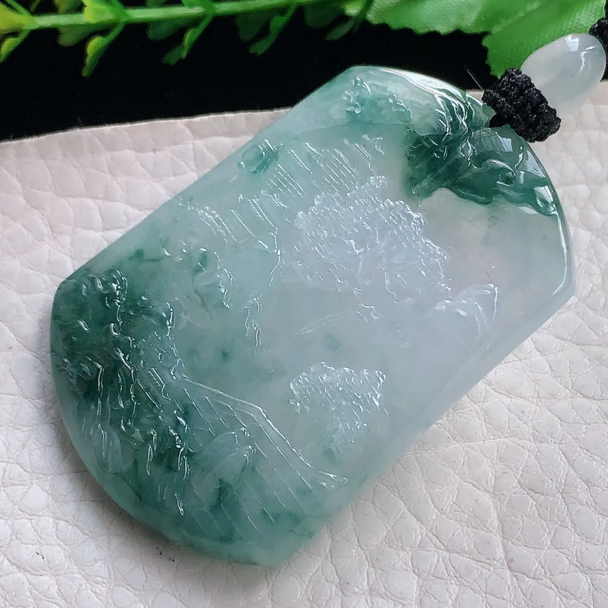 yl实拍54.2*40.6*6.2缅甸翡翠圆冰透蓝花山水牌项坠男款招财项链