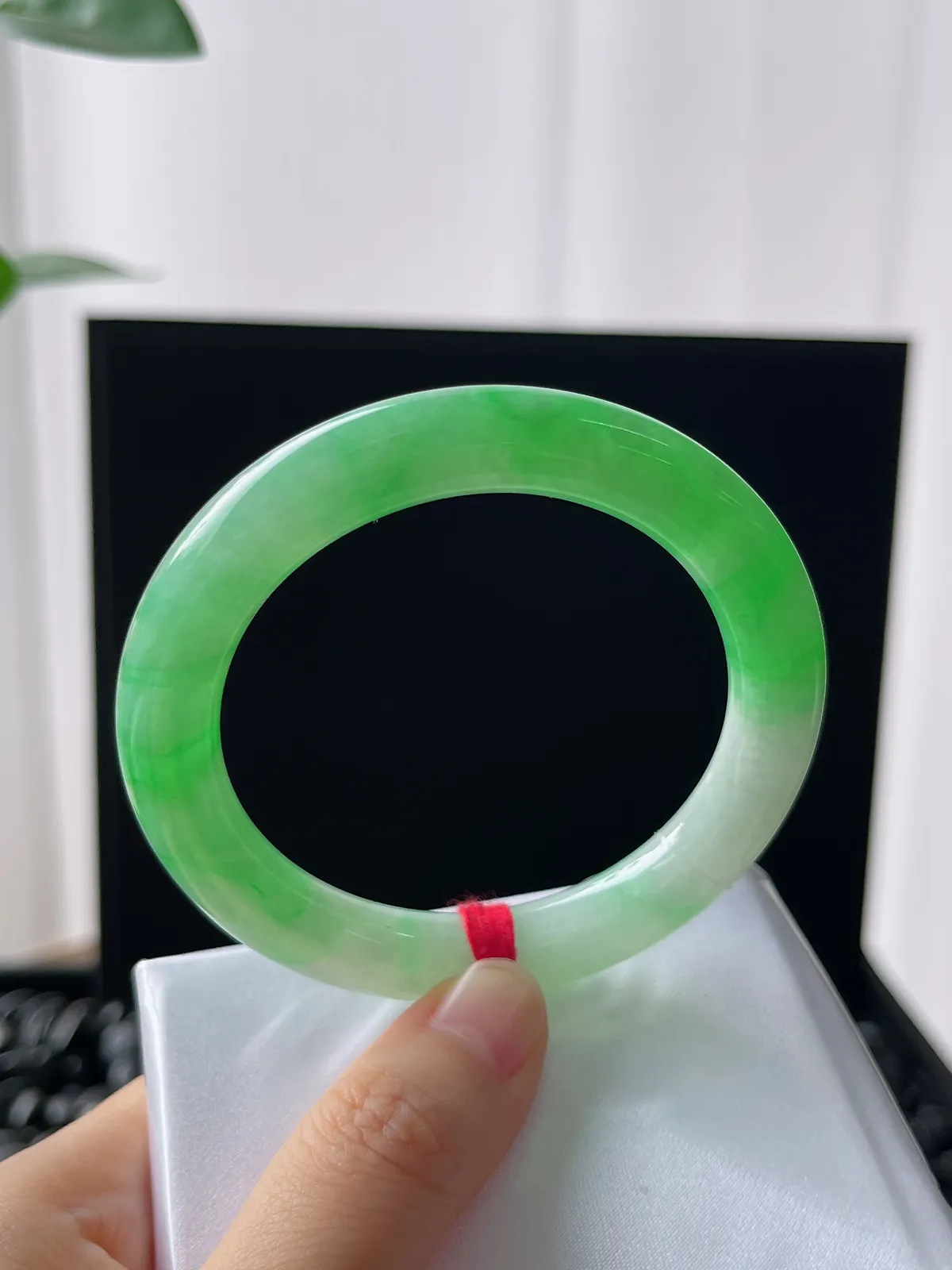 圆镯52.2圈口，翡翠冰糯种飘绿手镯