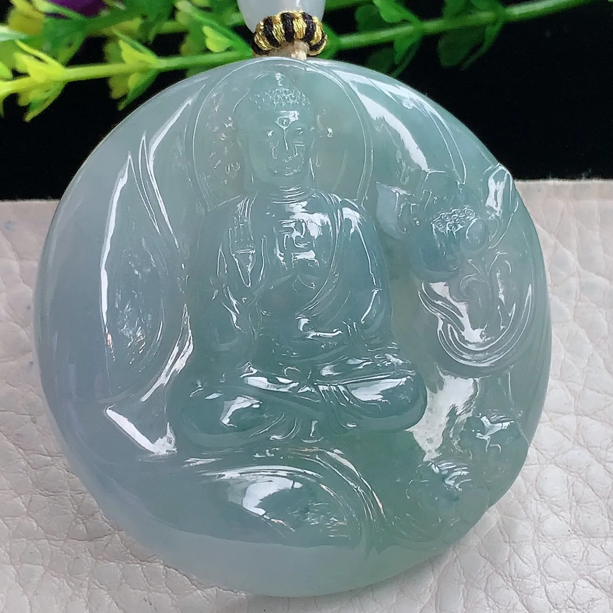 yl实拍52.2*9.5缅甸翡翠圆冰透蓝底阿弥陀佛玉坠厚装如来佛祖项坠