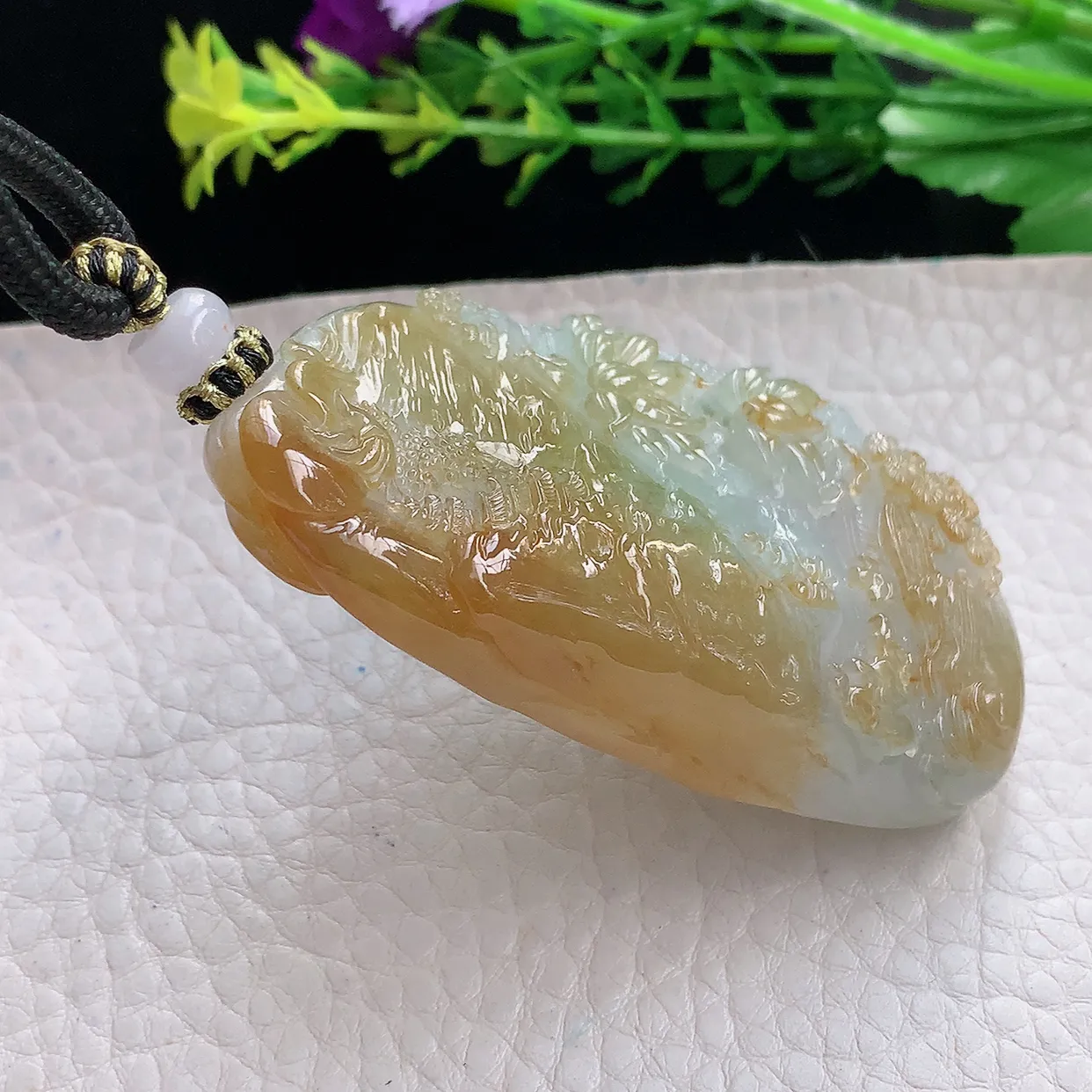 yl实拍67*36.5*14.5缅甸翡翠圆冰透黄翡双彩山水牌玉坠蓬莱仙境项坠