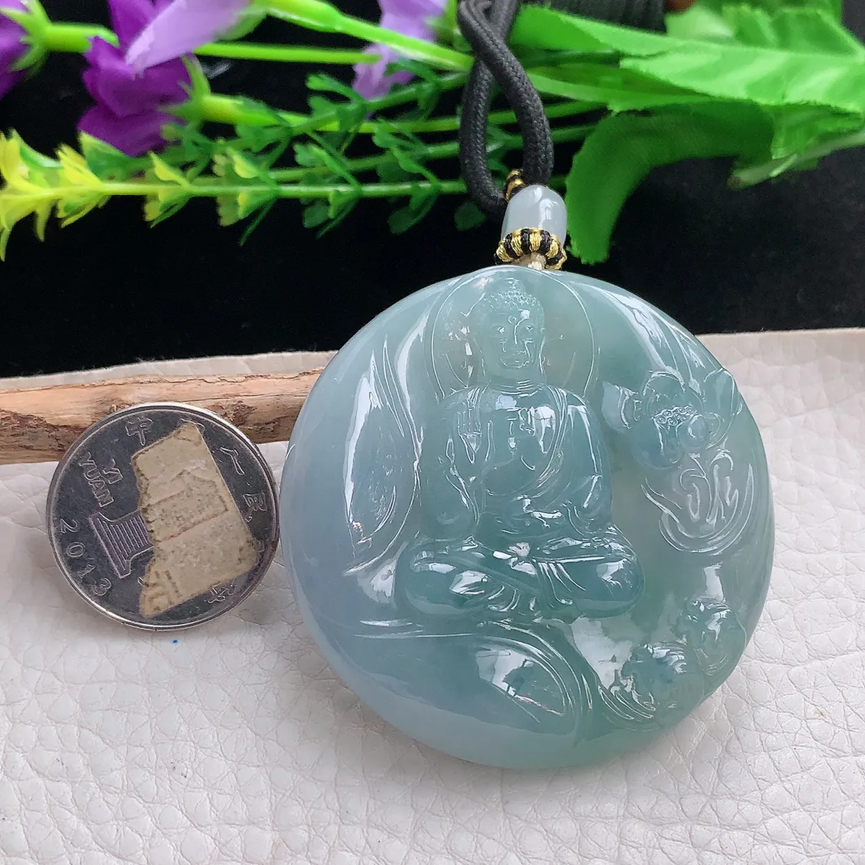 yl实拍52.2*9.5缅甸翡翠圆冰透蓝底阿弥陀佛玉坠厚装如来佛祖项坠