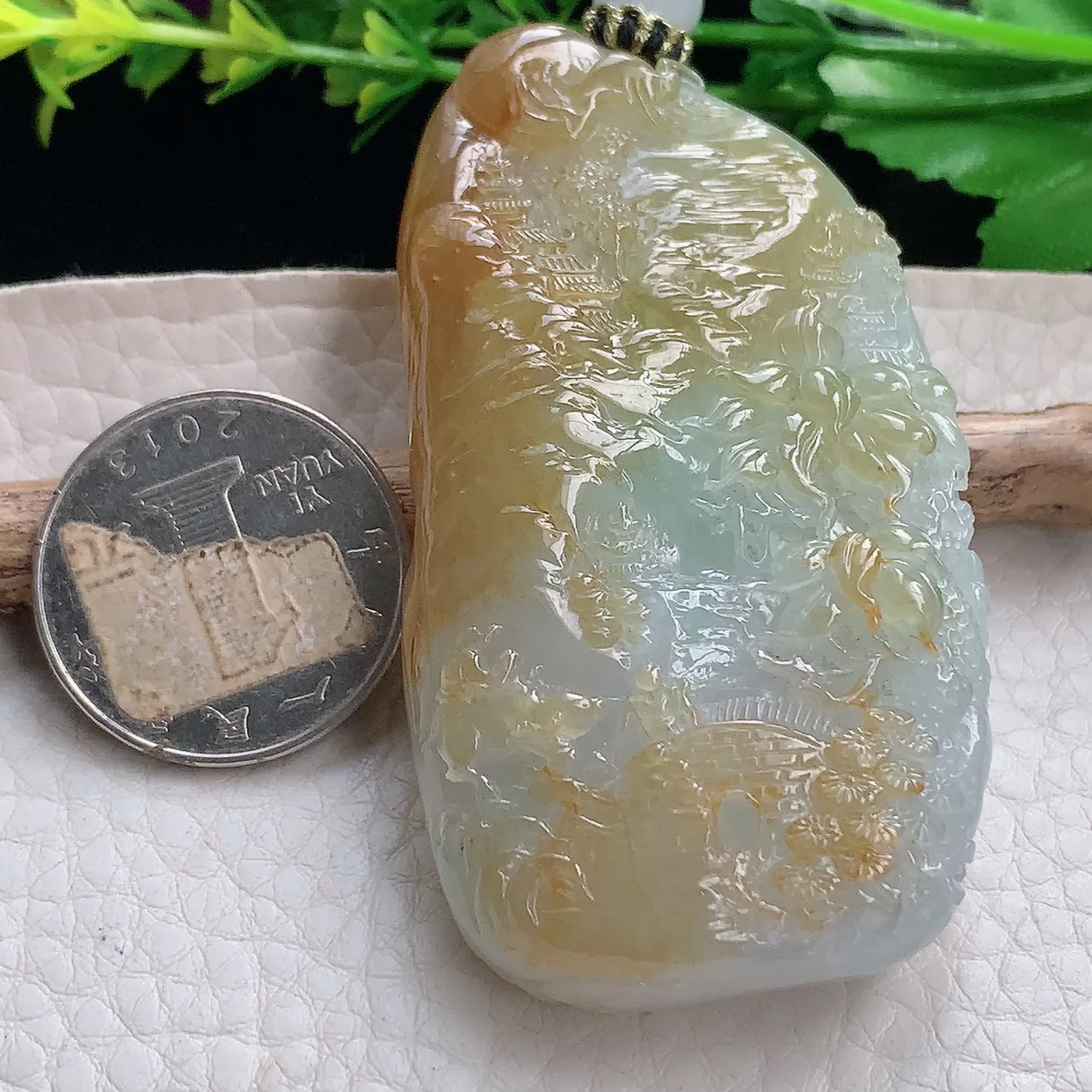 yl实拍67*36.5*14.5缅甸翡翠圆冰透黄翡双彩山水牌玉坠蓬莱仙境项坠