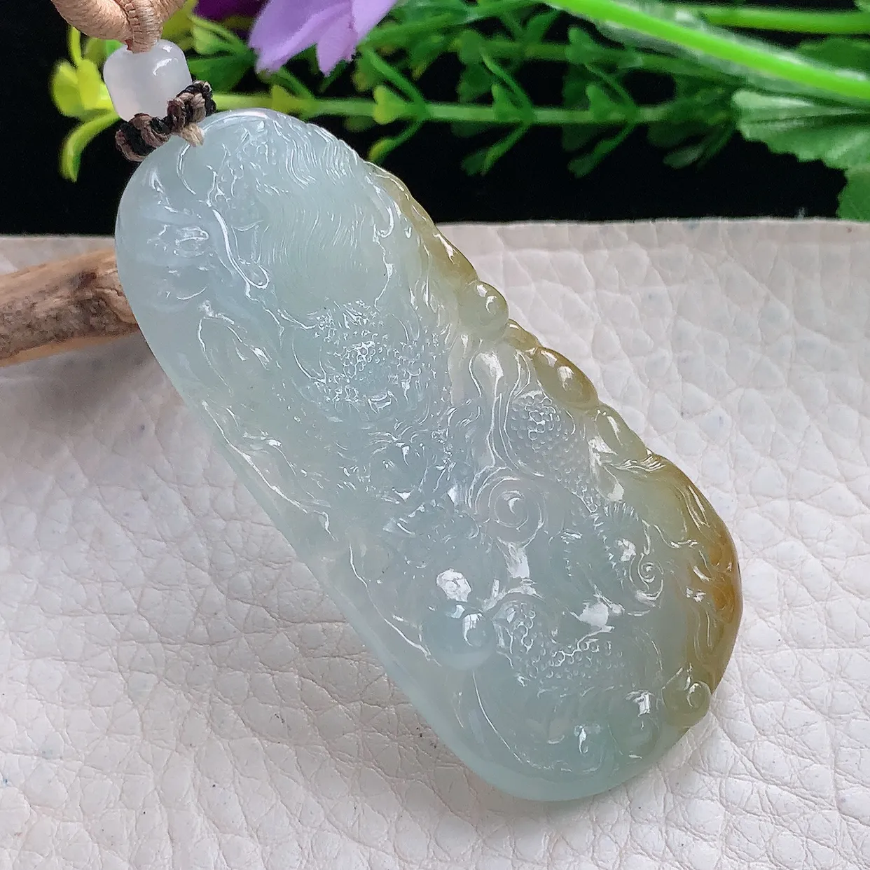 yl实拍61.8*31*7缅甸翡翠圆冰透双彩龙牌吊坠