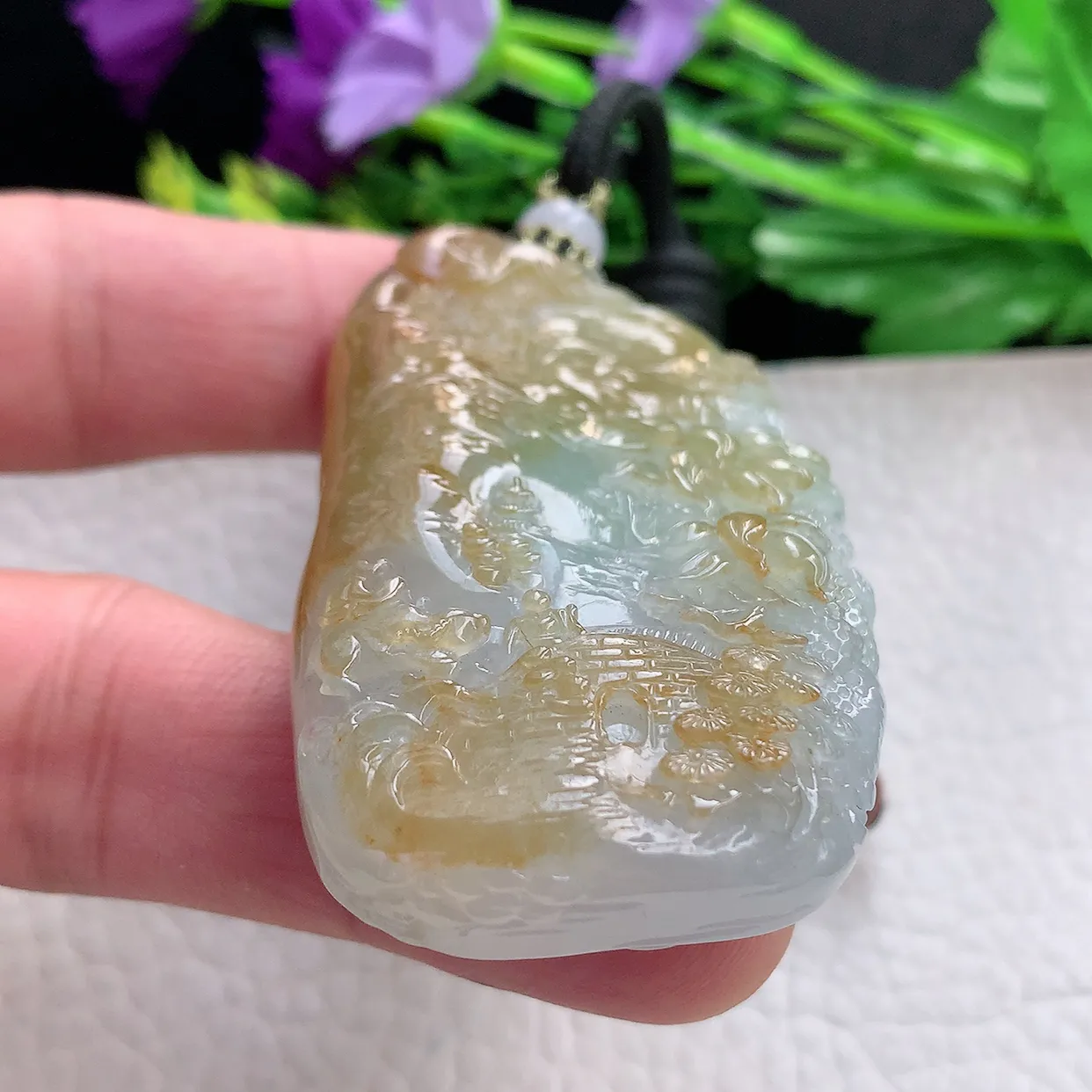 yl实拍67*36.5*14.5缅甸翡翠圆冰透黄翡双彩山水牌玉坠蓬莱仙境项坠