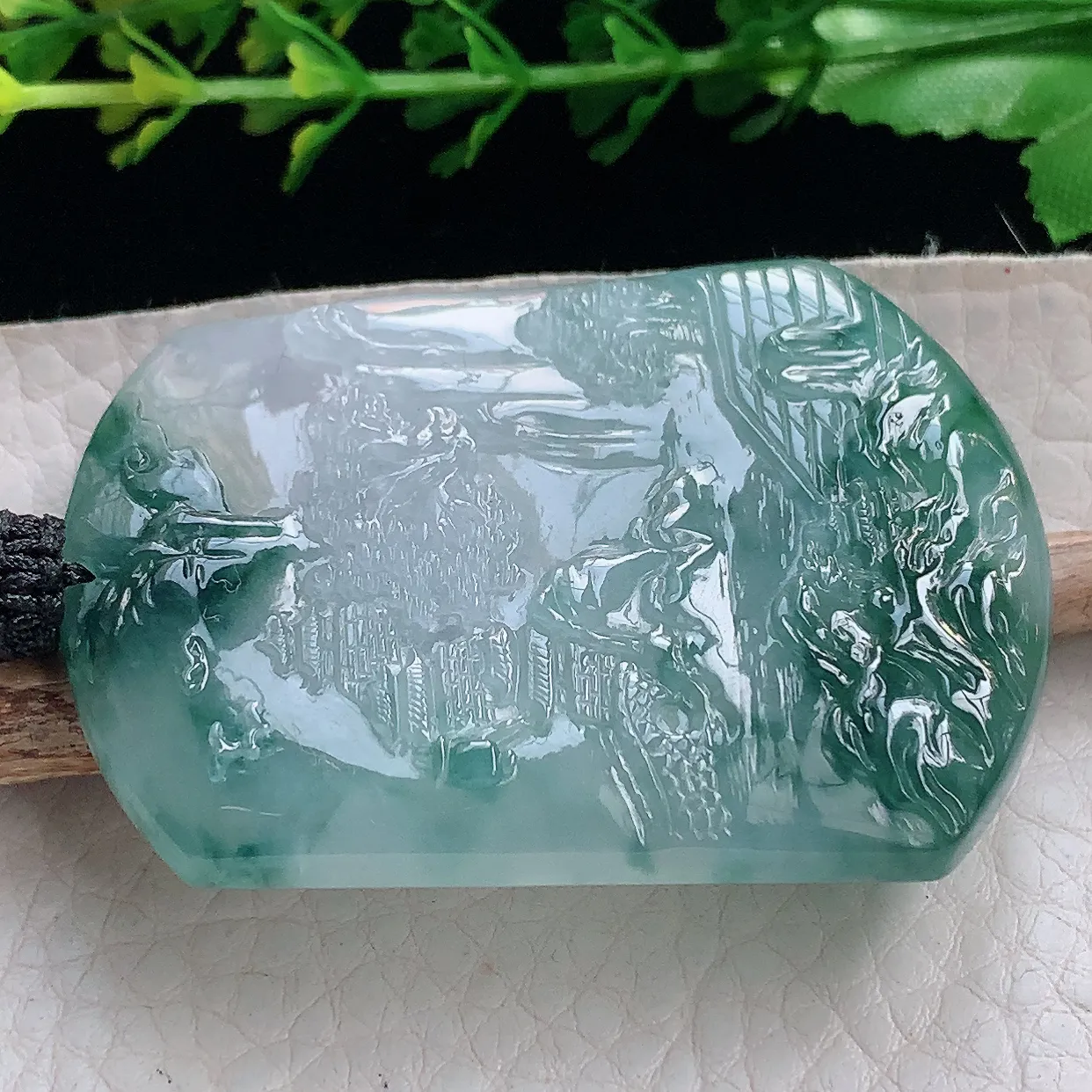 yl实拍54.2*40.6*6.2缅甸翡翠圆冰透蓝花山水牌项坠男款招财项链