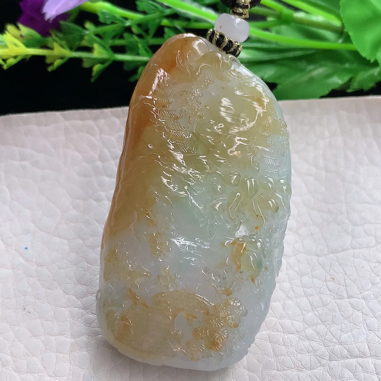 yl实拍67*36.5*14.5缅甸翡翠圆冰透黄翡双彩山水牌玉坠蓬莱仙境项坠