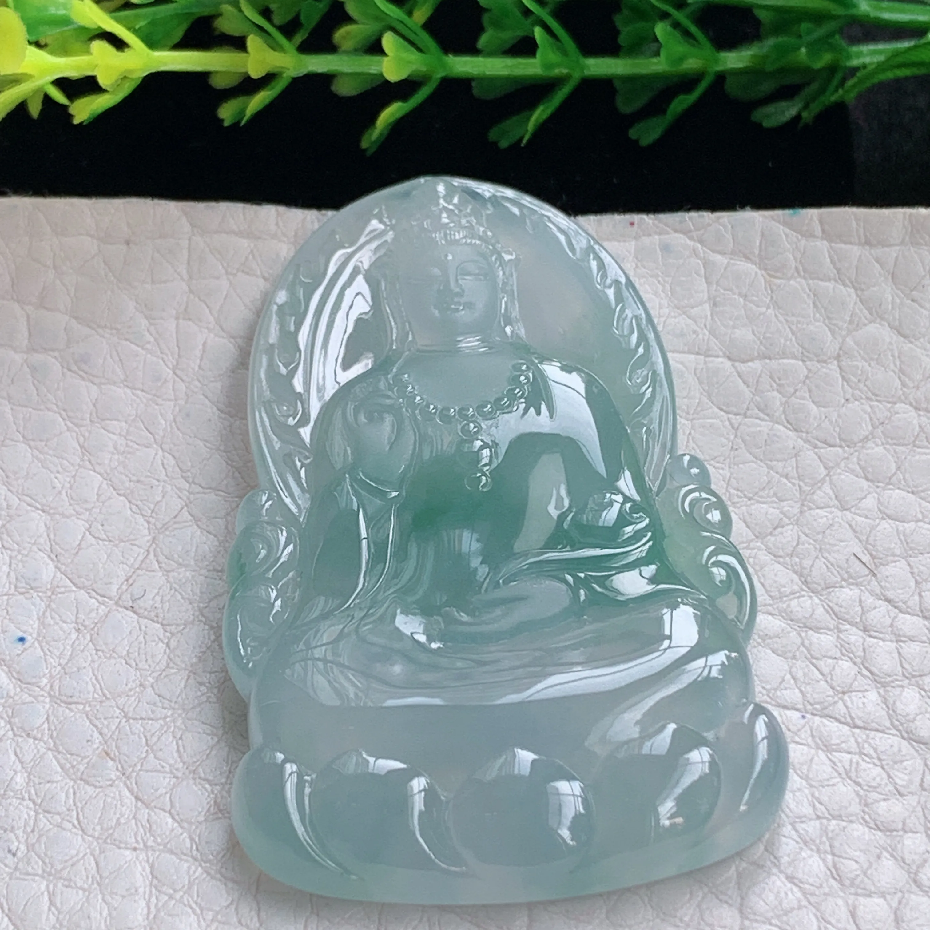 ktj实拍56.8*34.5*6缅甸翡翠冰种飘花坐莲观音牌吊坠冰飘花菩萨精雕玉坠