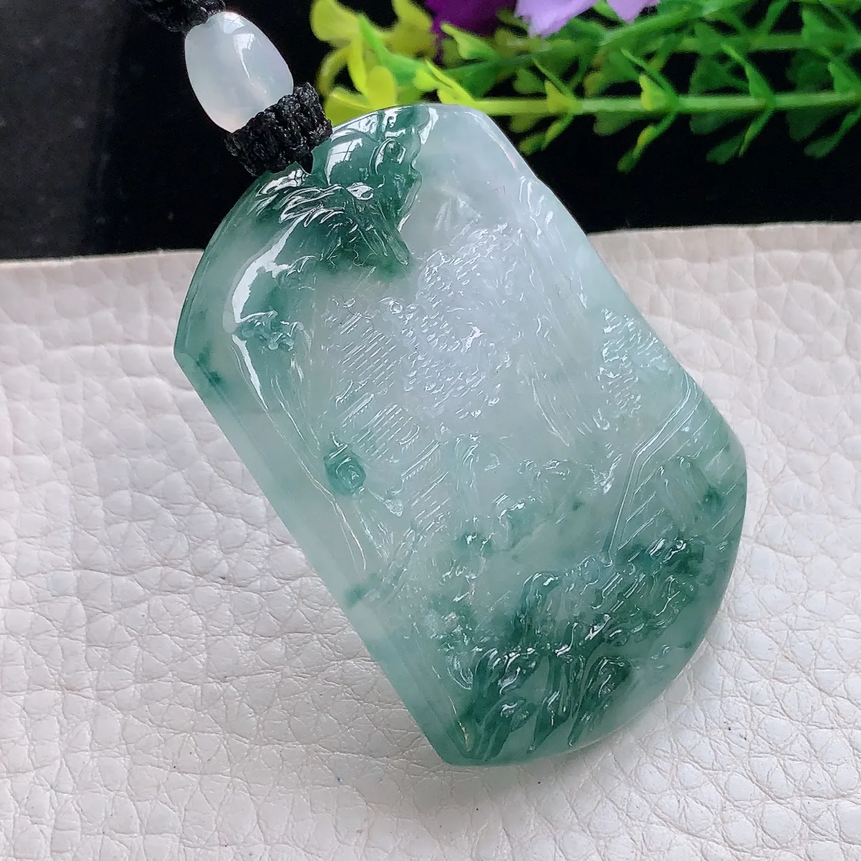 yl实拍54.2*40.6*6.2缅甸翡翠圆冰透蓝花山水牌项坠男款招财项链