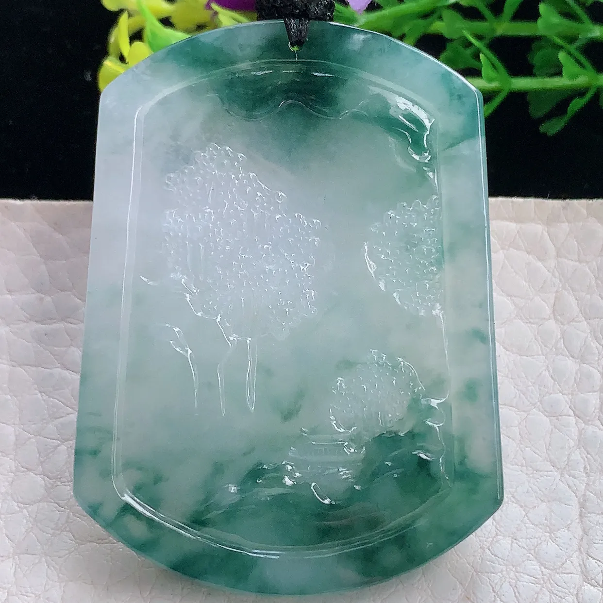 yl实拍54.2*40.6*6.2缅甸翡翠圆冰透蓝花山水牌项坠男款招财项链