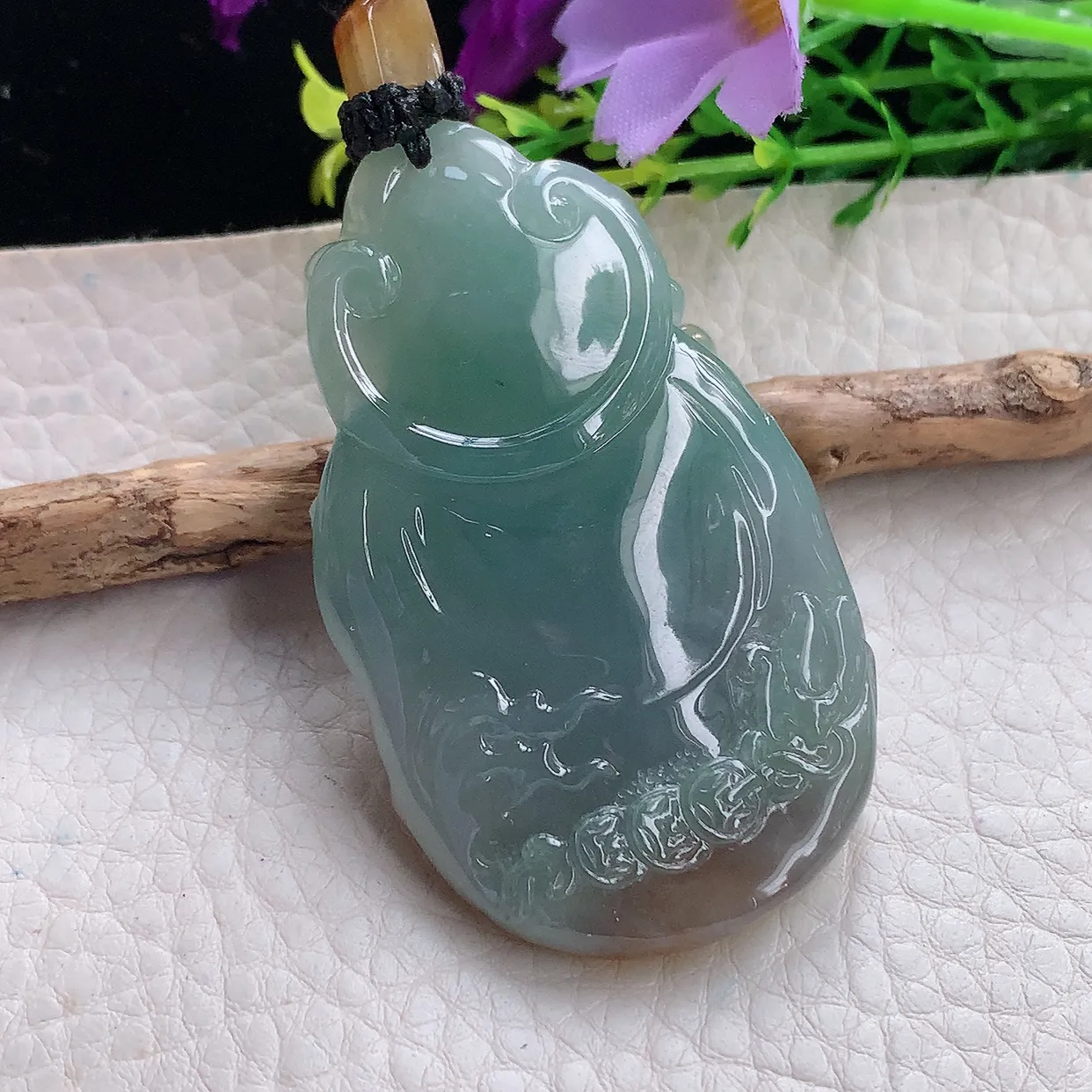 yl实拍57.5*35*14缅甸翡翠圆冰透蓝加黄双彩财神爷吊坠坠厚装招财项坠