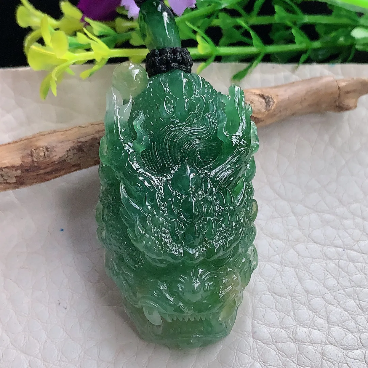 yl实拍48.5*28.5*16.5缅甸翡翠圆冰透龙头玉坠厚装精雕霸气龙牌项坠