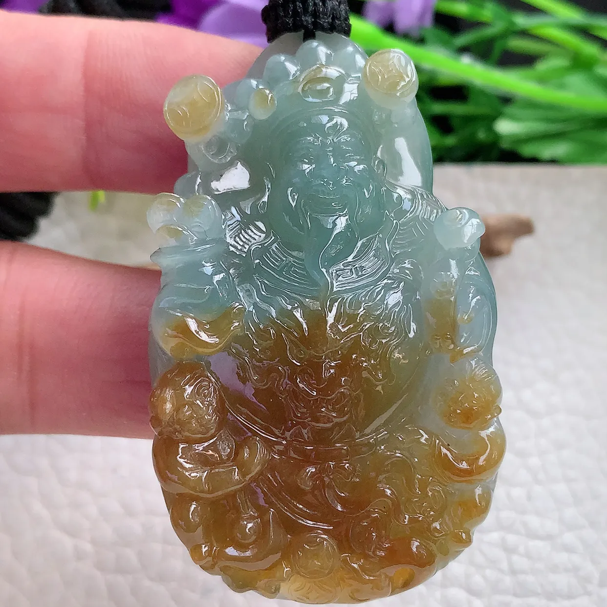 yl实拍57.5*35*14缅甸翡翠圆冰透蓝加黄双彩财神爷吊坠坠厚装招财项坠