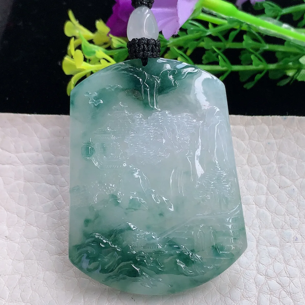 yl实拍54.2*40.6*6.2缅甸翡翠圆冰透蓝花山水牌项坠男款招财项链