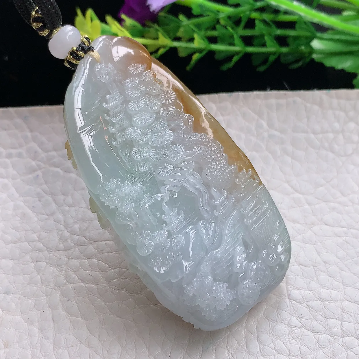 yl实拍67*36.5*14.5缅甸翡翠圆冰透黄翡双彩山水牌玉坠蓬莱仙境项坠