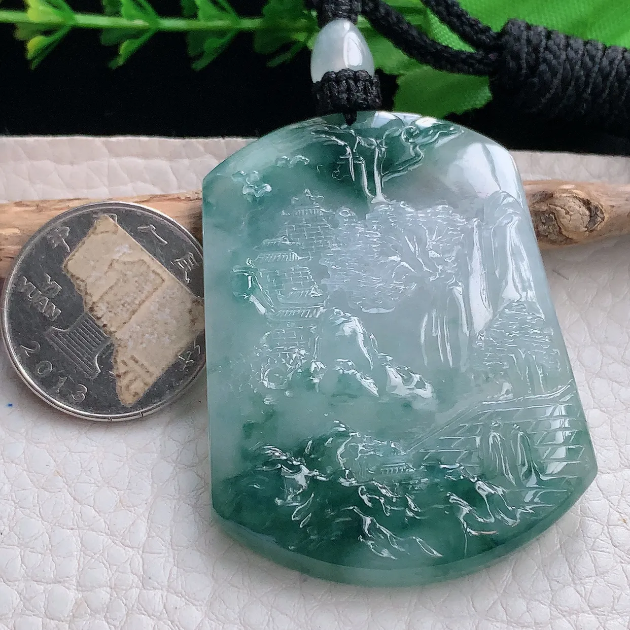 yl实拍54.2*40.6*6.2缅甸翡翠圆冰透蓝花山水牌项坠男款招财项链