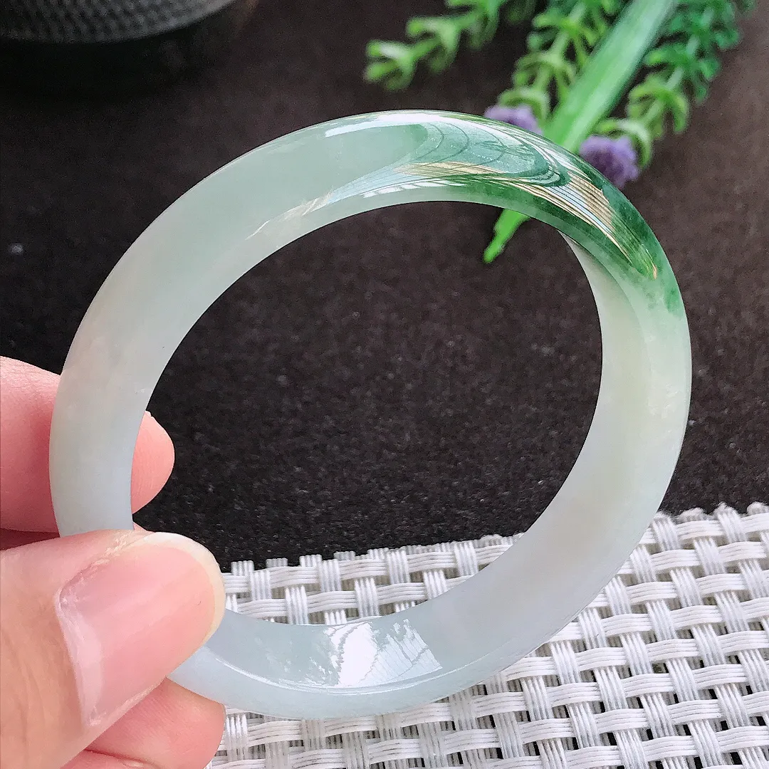 天然a货翡翠53/12.2/6.5老坑冰润起胶飘花手镯宽边翡翠玉镯美人镯