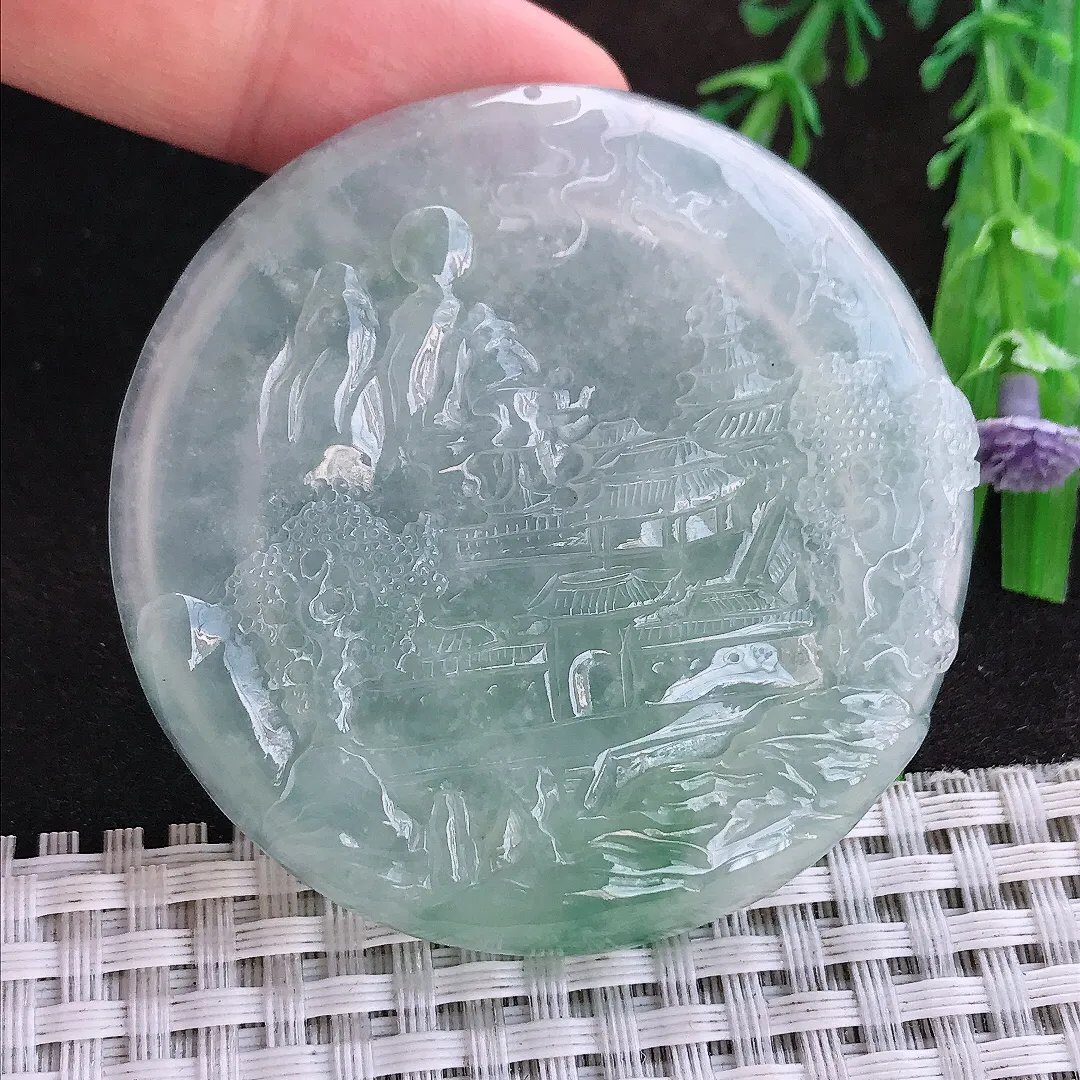 天然a货翡翠55.5/6老坑冰透起胶山水牌圆牌吊坠翡翠玉坠挂件百搭