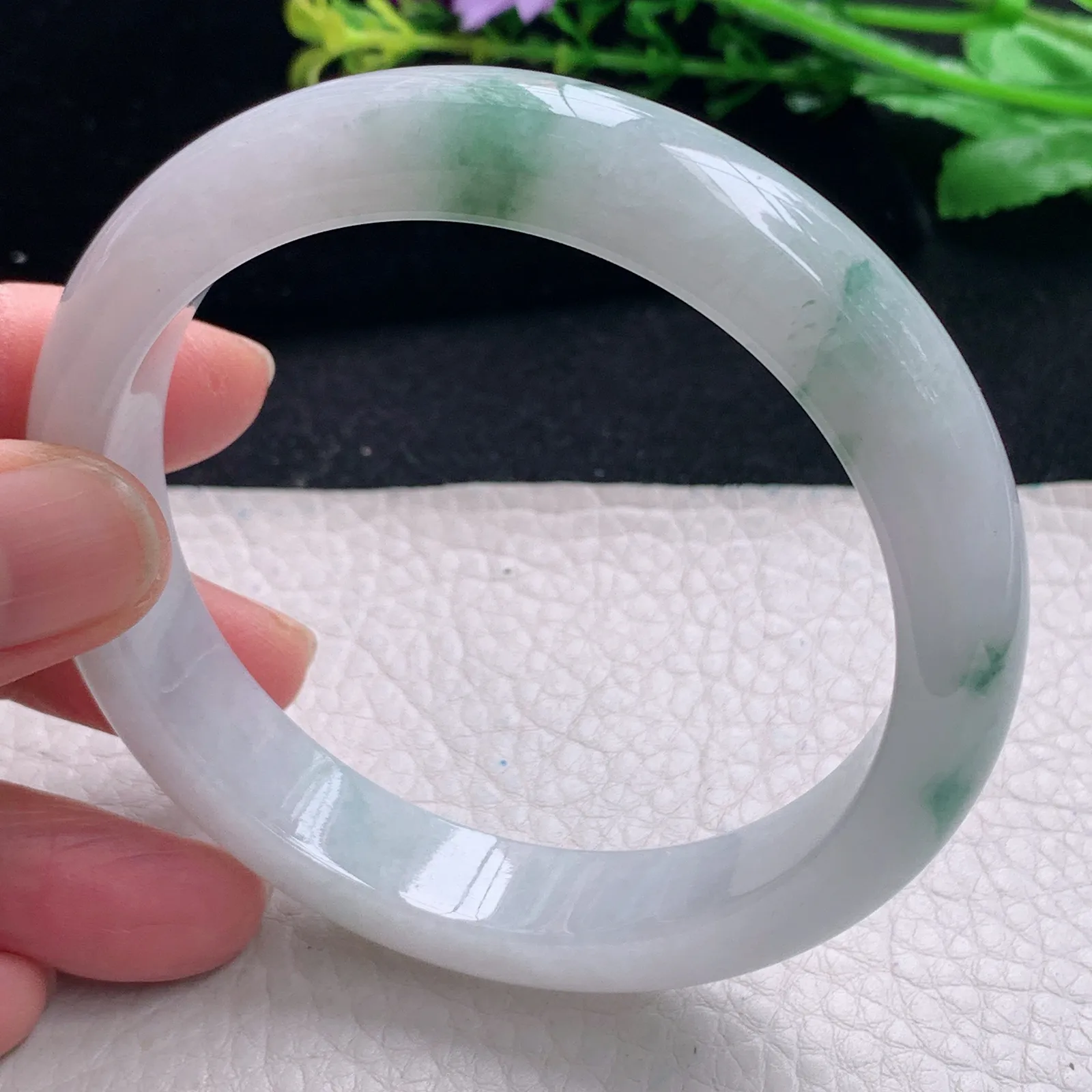 fl大圈口61.5*12.6*8.5平安镯 缅甸翡翠a货飘花清秀宽边玉手镯 玉手环