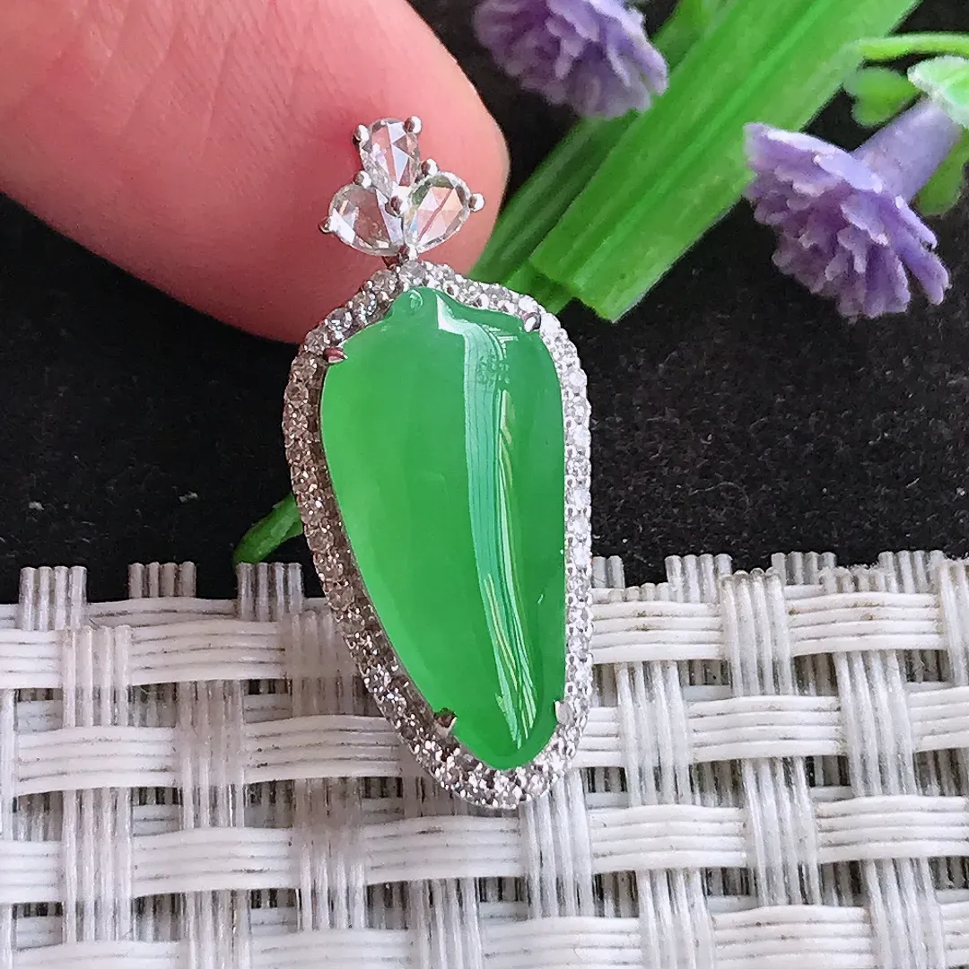 天然a货翡翠25.6/11/8老坑18k金镶嵌冰种阳绿福瓜吊坠翡翠玉坠挂件百搭