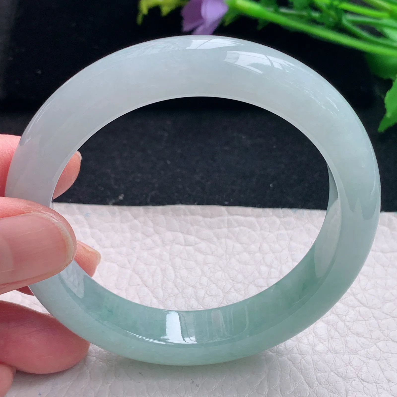 r自然光57*12.5*9平安镯 缅甸翡翠a货冰蓝半山水宽边玉手镯 玉手环