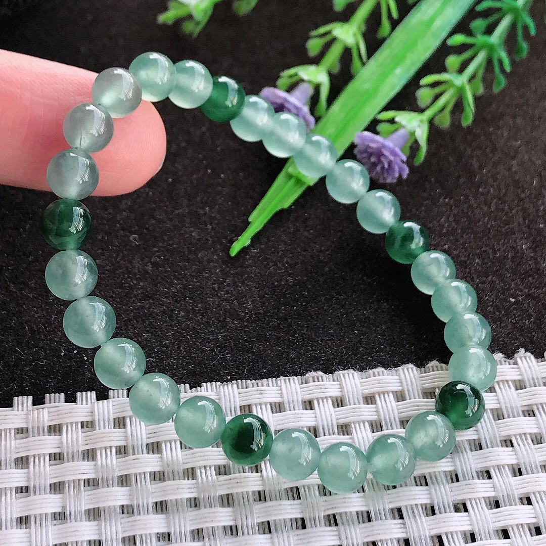 天然a货翡翠6.2/28颗老坑冰胶果冻飘花玉珠手链