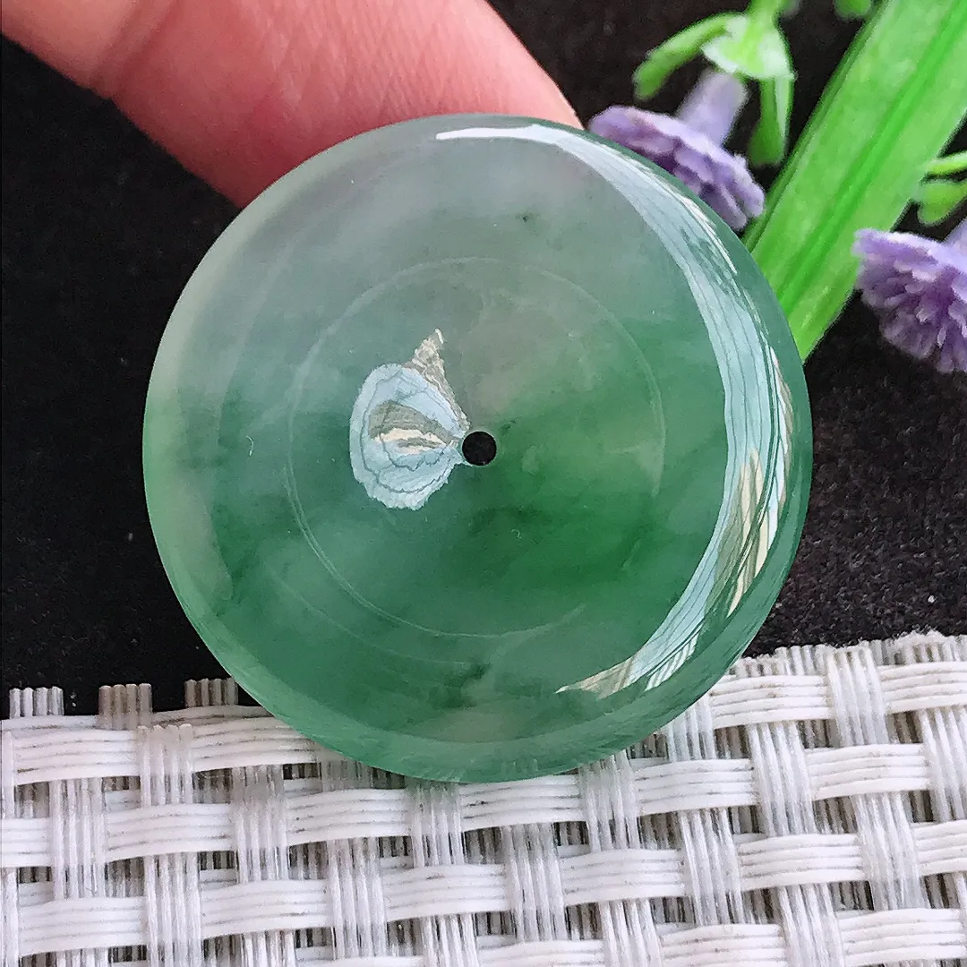 天然a货翡翠31.2/5.8老坑冰胶果冻飘花平安扣吊坠翡翠玉扣挂件百搭