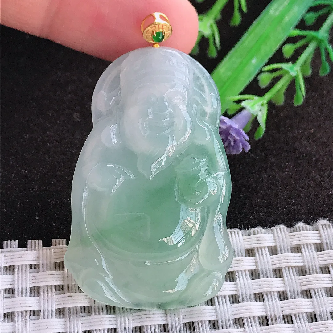 天然a货翡翠43.8/27.5/4.8老坑18k金镶嵌冰冰胶果冻飘绿财神爷吊坠翡翠玉坠挂件