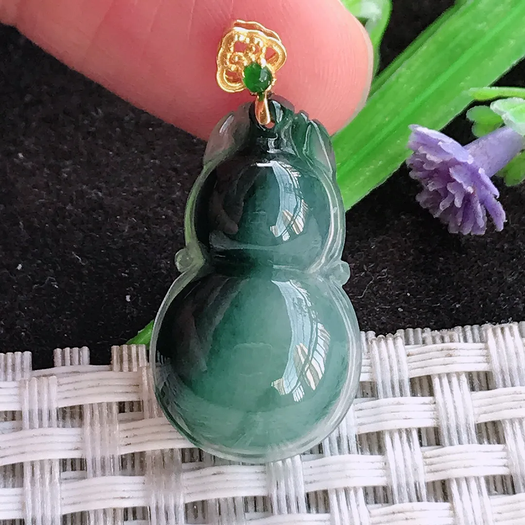 天然a货翡翠25/14.5/6老坑18k金镶嵌冰润飘花葫芦吊坠翡翠玉坠挂件百搭
