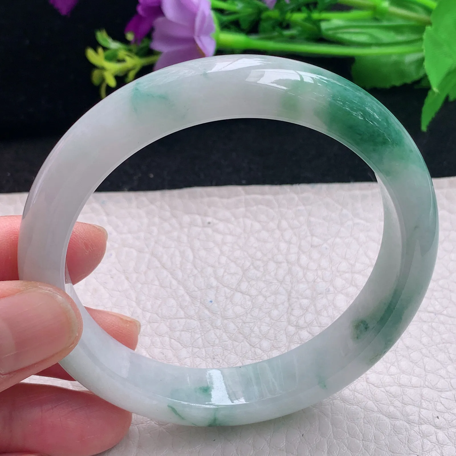 fl大圈口61.5*12.8*8.5平安镯 缅甸翡翠a货飘花宽边玉手镯 玉手环