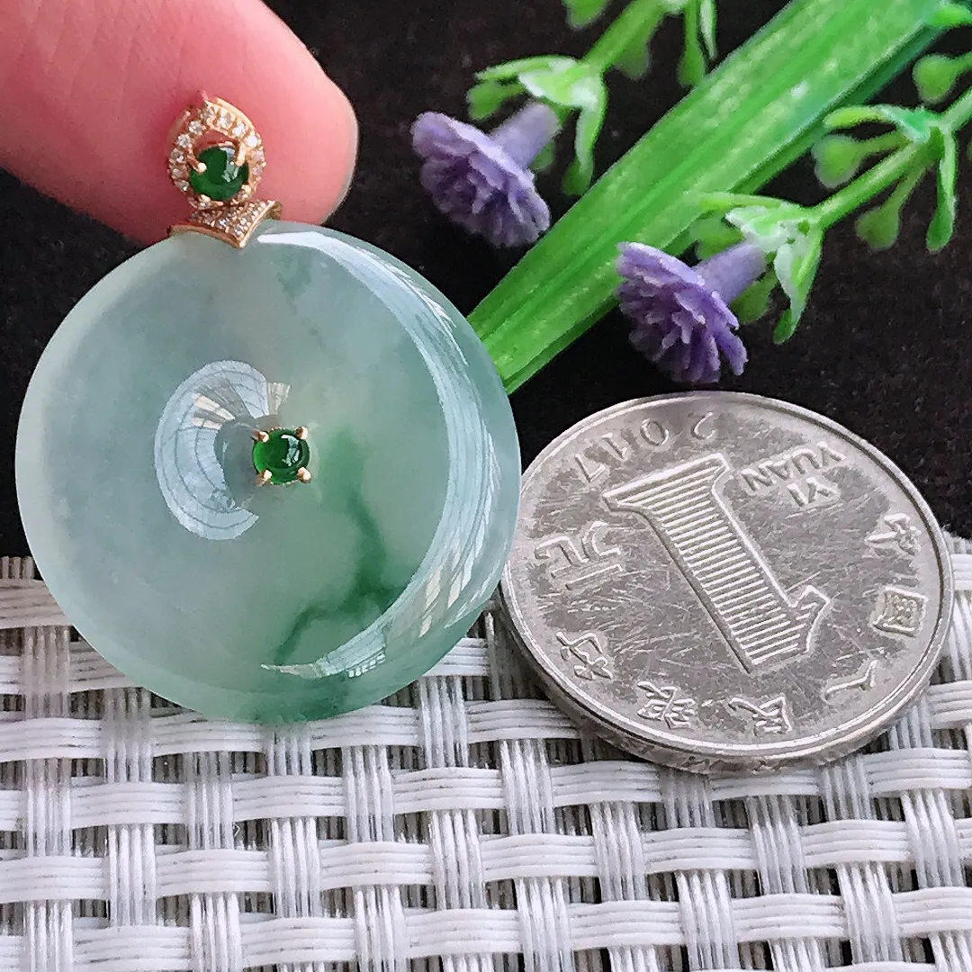 天然a货翡翠26.5/4.7老坑18k金镶嵌冰种飘花平安扣吊坠翡翠玉坠挂件百搭