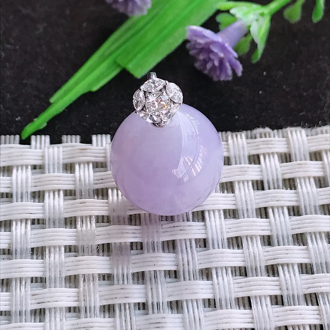 天然a货翡翠14.1老坑18k金镶嵌紫罗兰圆珠吊坠翡翠玉坠挂件百搭