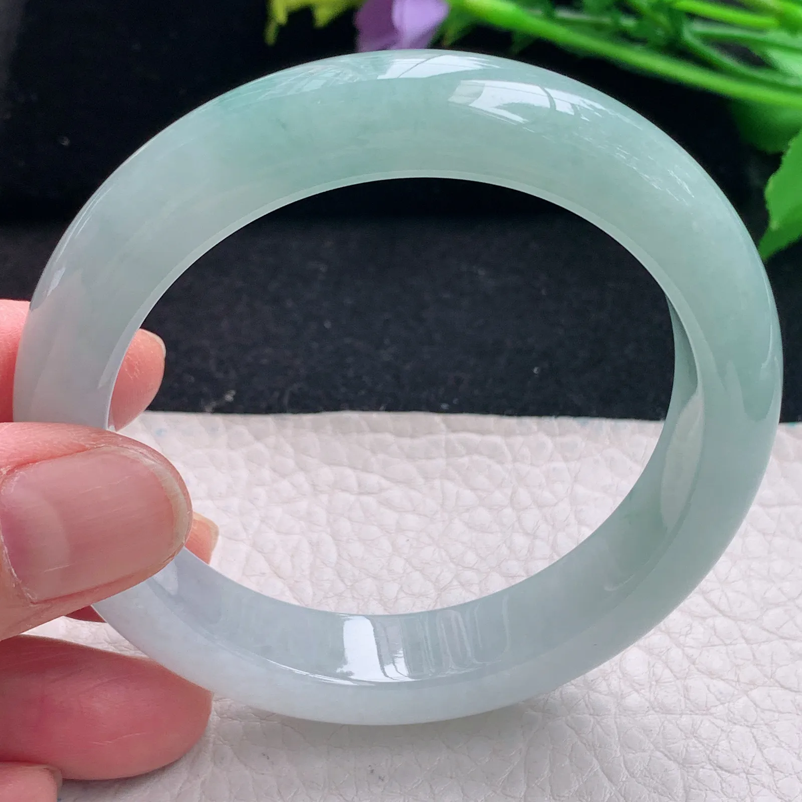 r自然光57*12.5*9平安镯 缅甸翡翠a货冰蓝半山水宽边玉手镯 玉手环