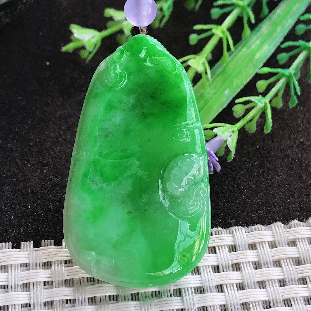 天然a货翡翠48/28.5/8老坑精美温润辣阳绿连年有余荷叶鱼吊坠翡翠玉坠挂件百搭