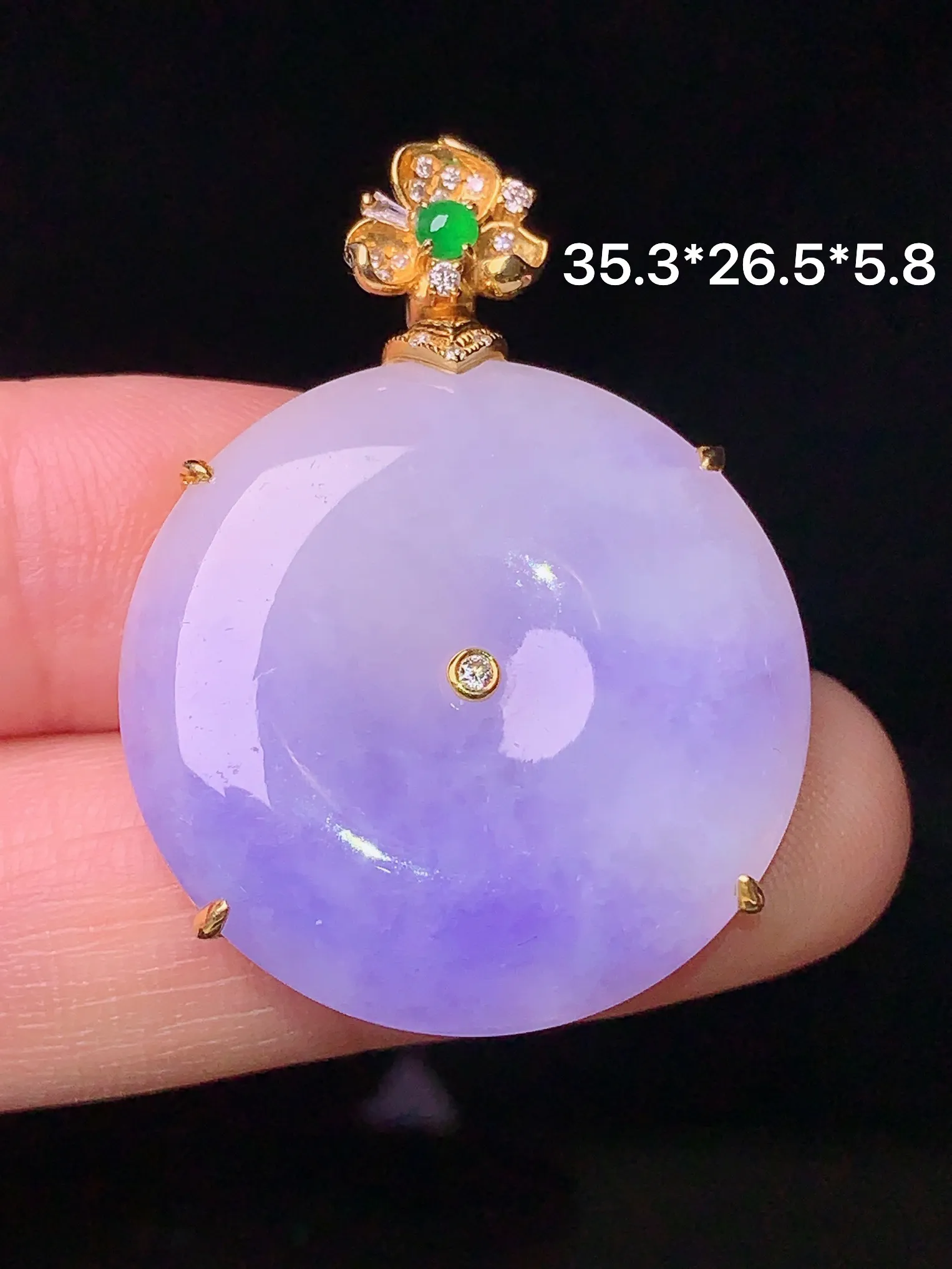 18k金钻镶嵌紫罗兰平安扣吊坠 玉质细腻 色泽清新艳丽 整体尺寸35.3*26.5*5.8