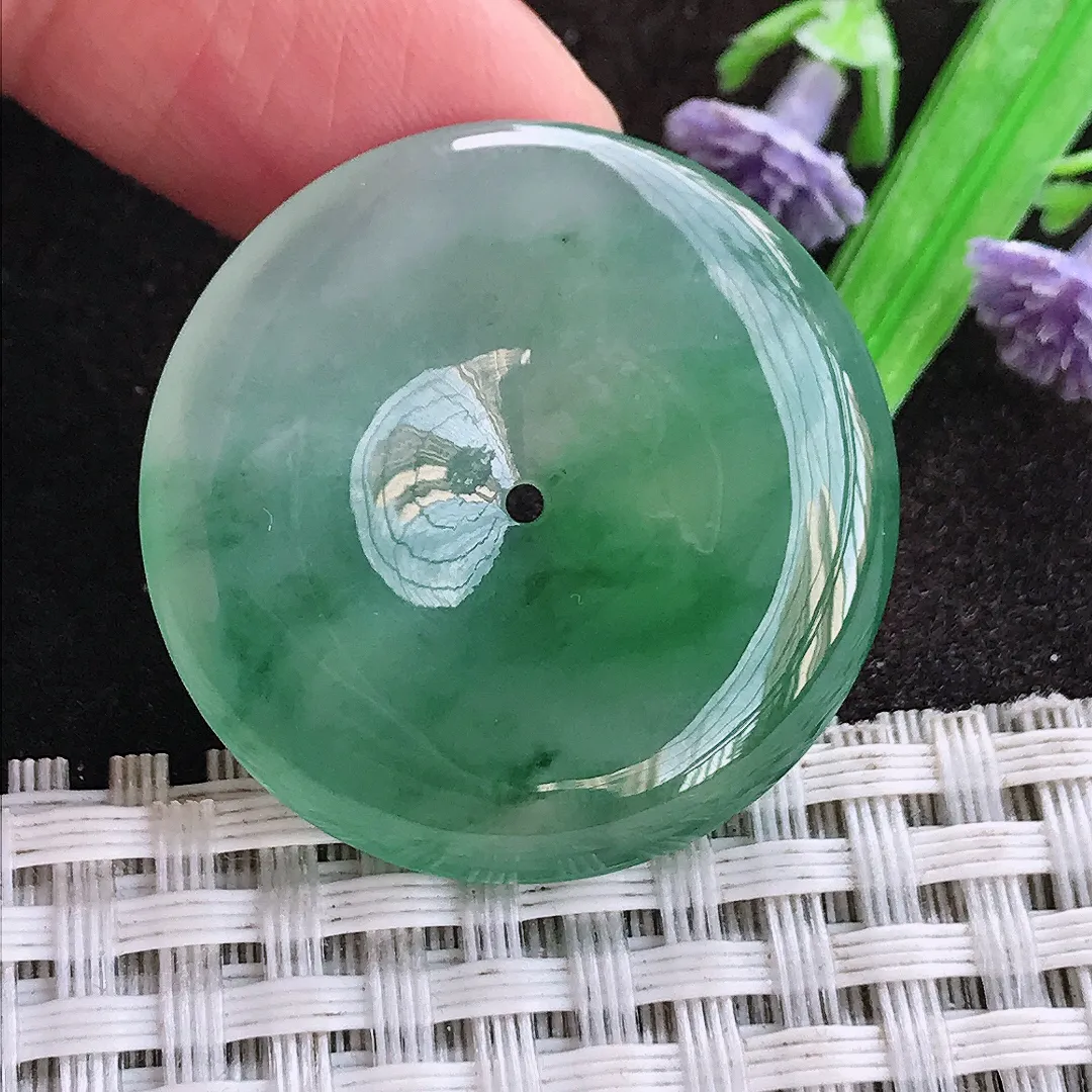 天然a货翡翠31.2/5.8老坑冰胶果冻飘花平安扣吊坠翡翠玉扣挂件百搭