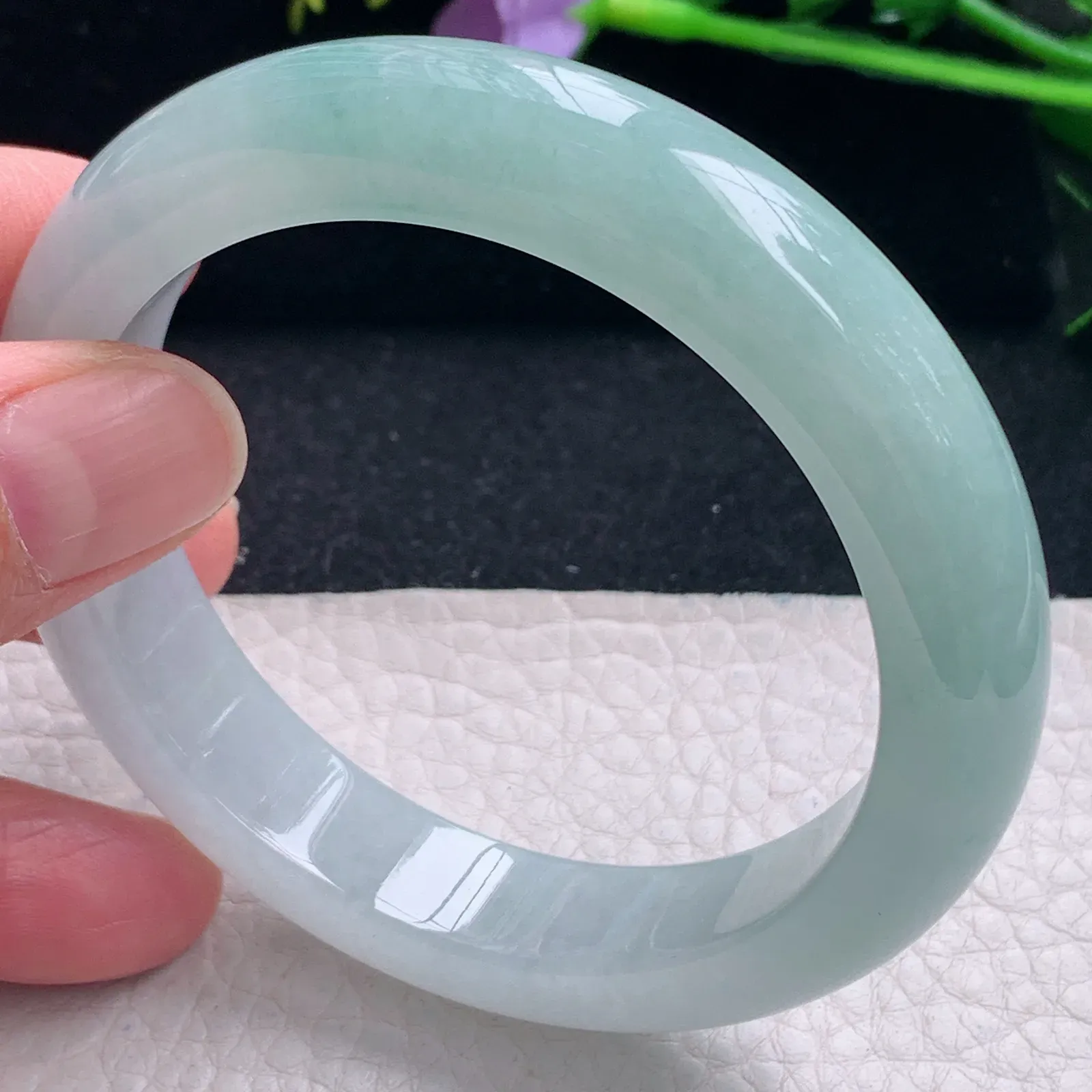 r自然光57*12.5*9平安镯 缅甸翡翠a货冰蓝半山水宽边玉手镯 玉手环