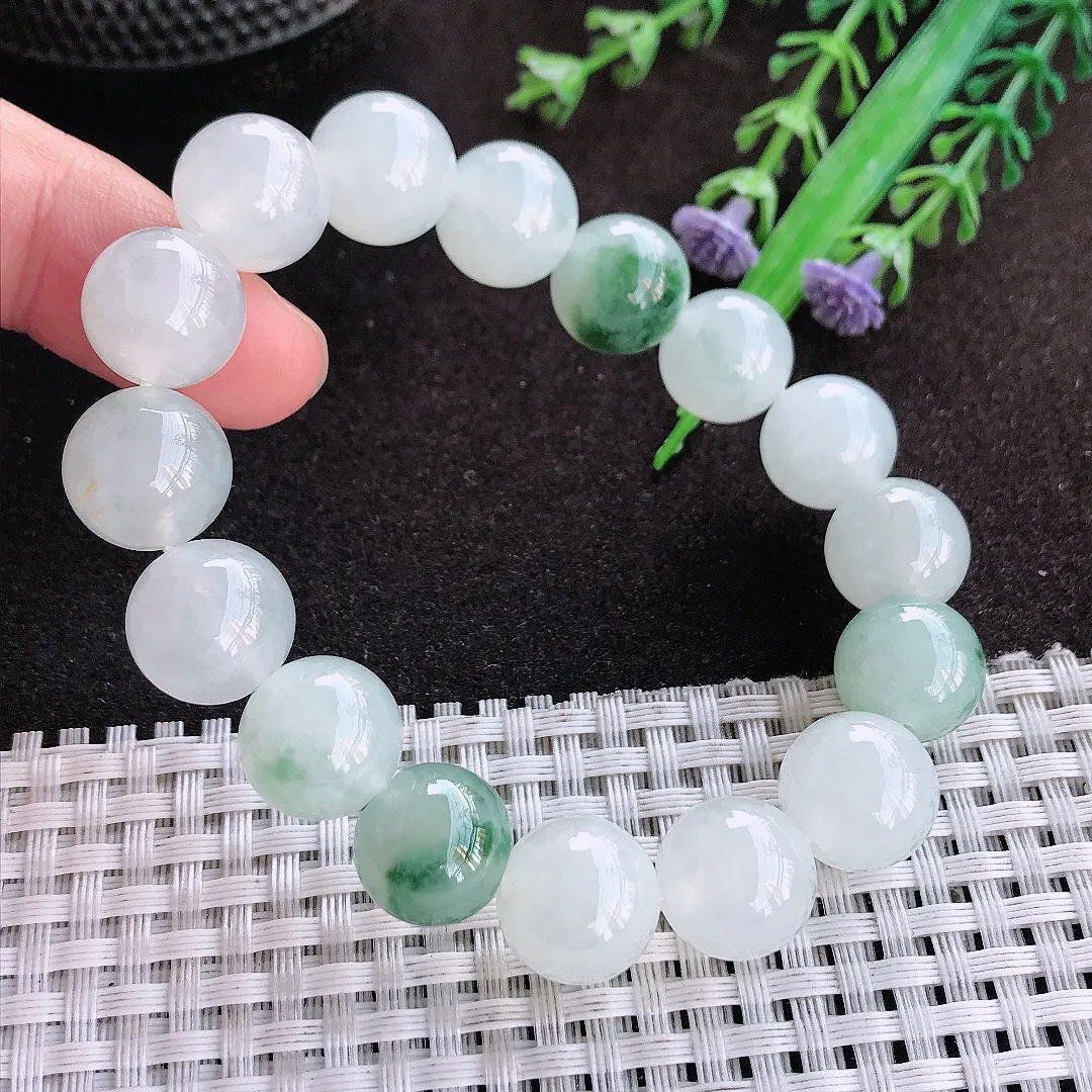 天然a货翡翠12.6/16颗老坑冰胶果冻飘花玉珠手链男女手串