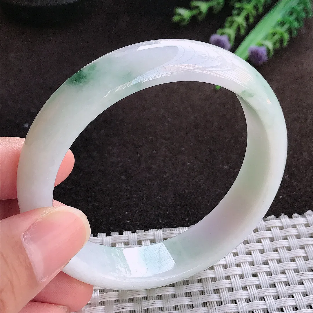 天然a货翡翠59/15/7.5老坑清秀温润飘花手镯宽边翡翠玉镯美人镯