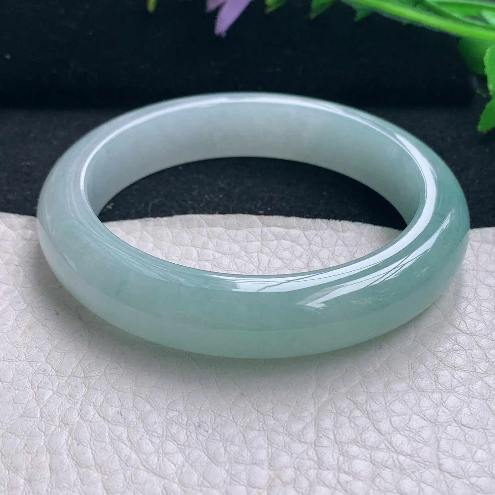 r自然光57*12.5*9平安镯 缅甸翡翠a货冰蓝半山水宽边玉手镯 玉手环