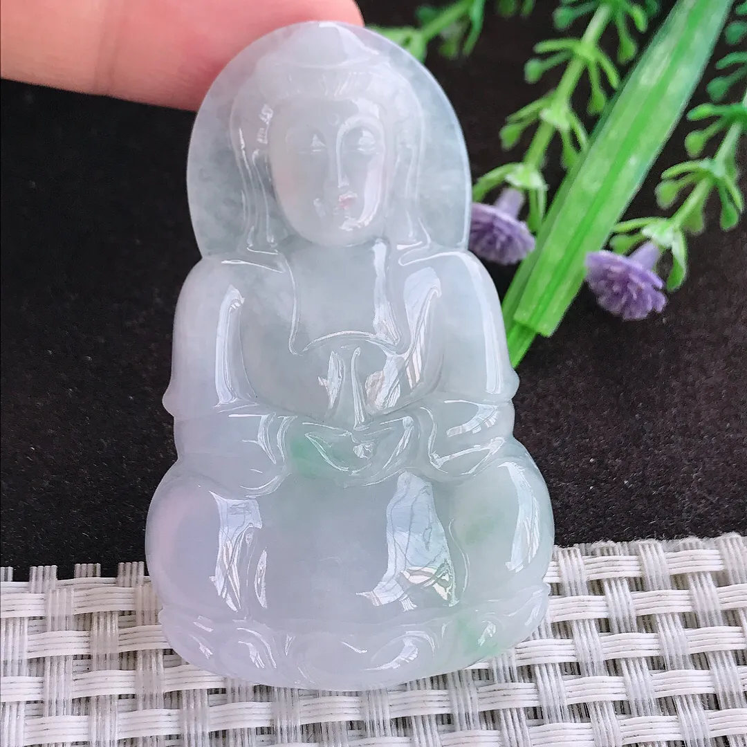 天然a货翡翠63/38/5.8老坑冰润起胶正装观音吊坠翡翠玉坠挂件百搭