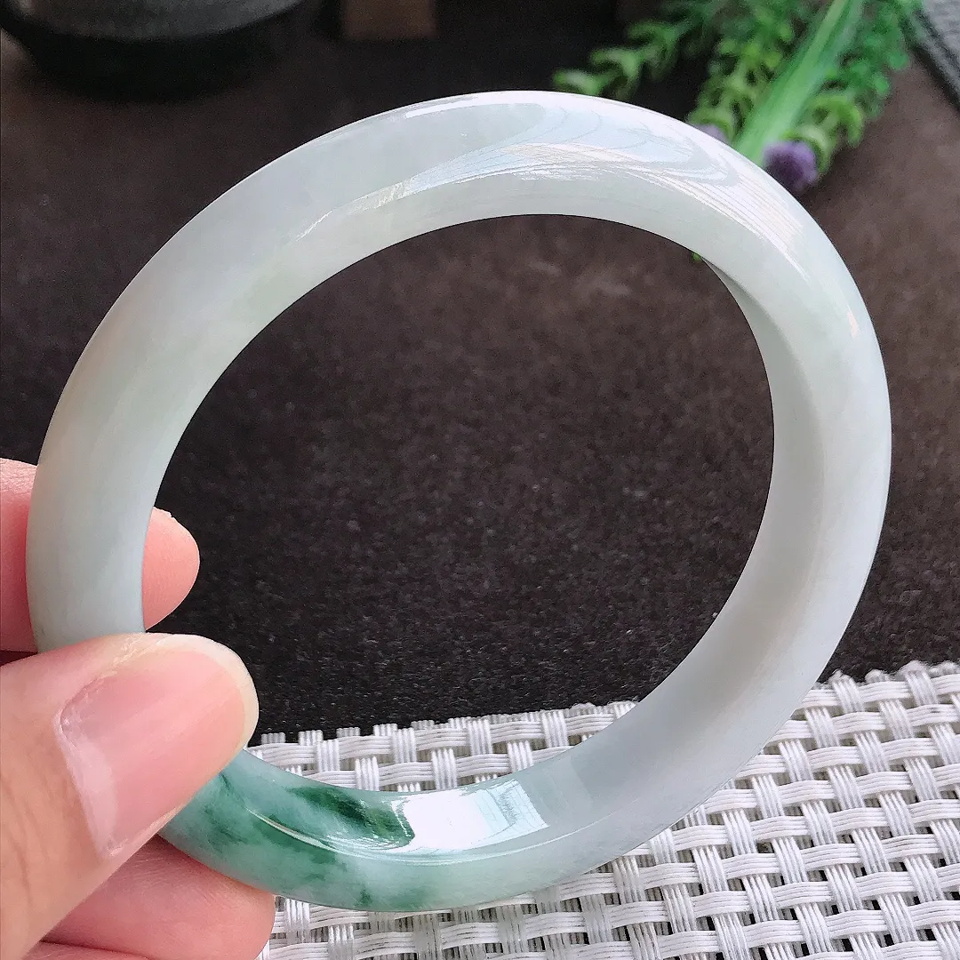 天然a货翡翠62/11.5/8.9老坑精美飘花大圈口手镯宽边翡翠玉镯美人镯