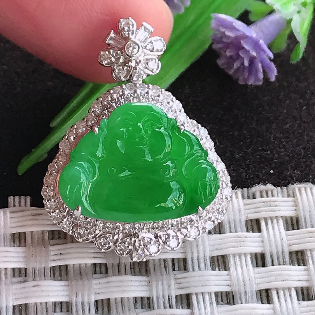 天然a货翡翠25.2/19.3/9.3老坑18k金镶嵌冰阳绿佛公吊坠翡翠玉坠挂件百搭