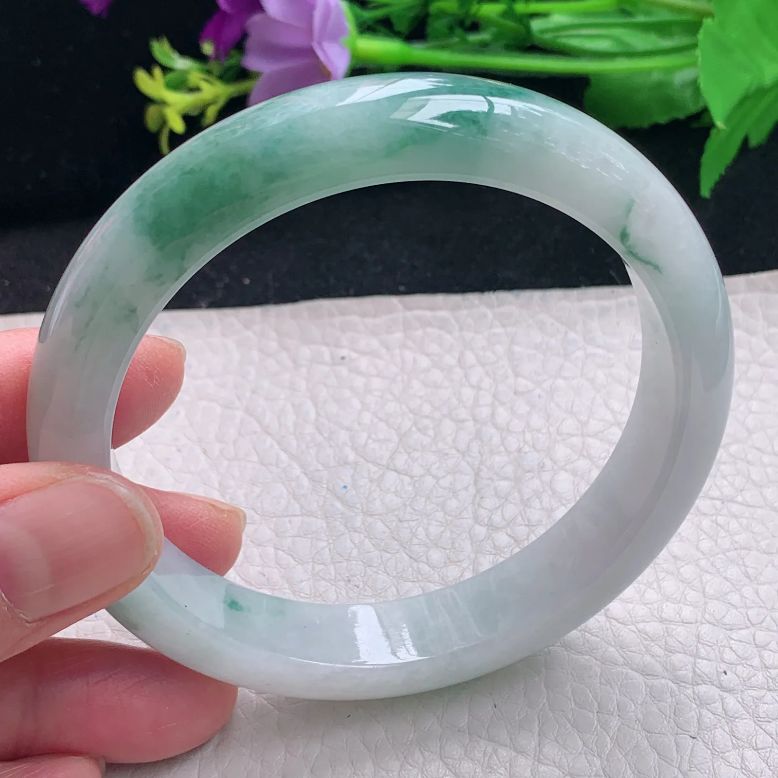 fl大圈口61.5*12.8*8.5平安镯 缅甸翡翠a货飘花宽边玉手镯 玉手环