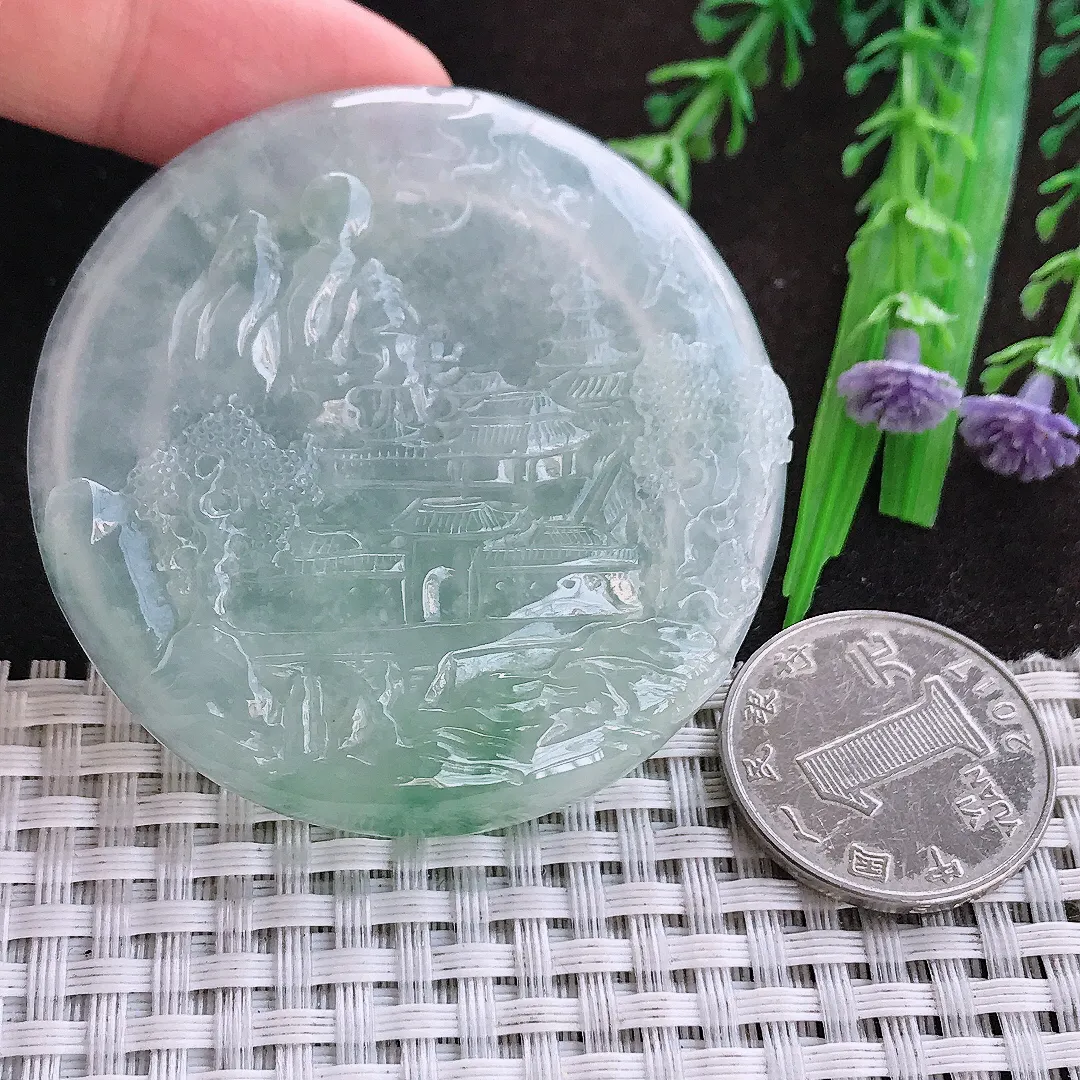 天然a货翡翠55.5/6老坑冰透起胶山水牌圆牌吊坠翡翠玉坠挂件百搭