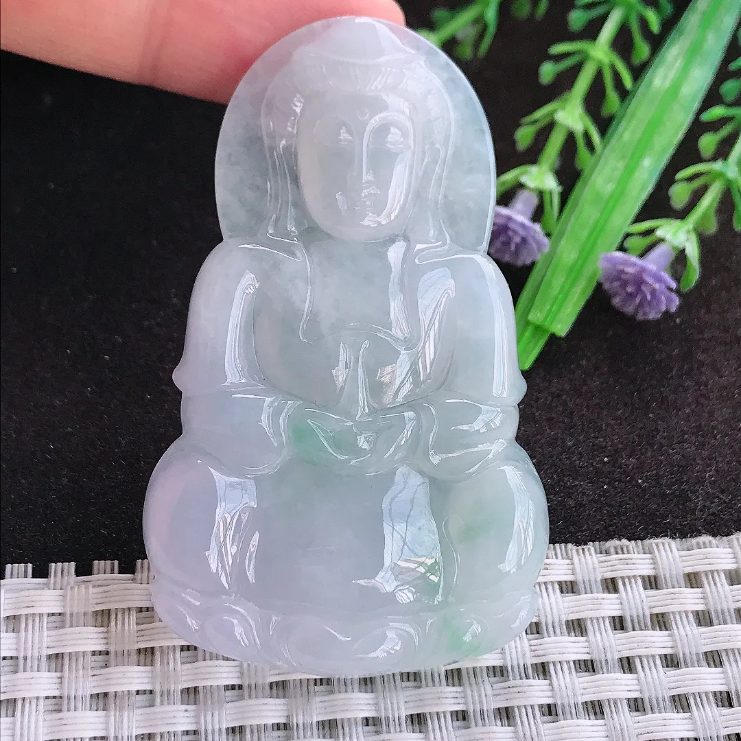 天然a货翡翠63/38/5.8老坑冰润起胶正装观音吊坠翡翠玉坠挂件百搭